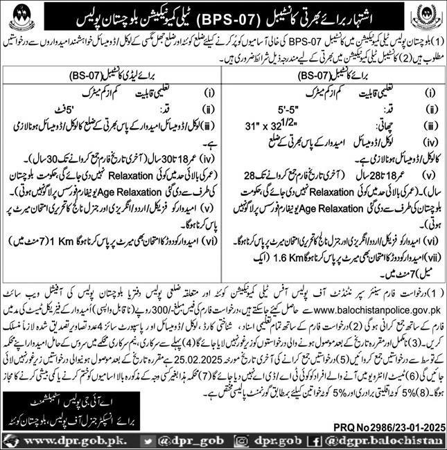 Balochistan Police Jobs Advertisement